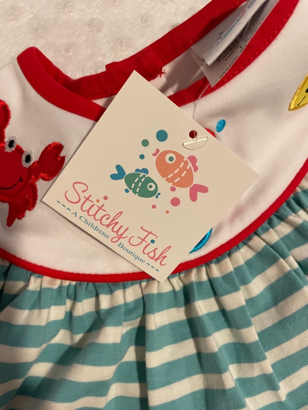 Children's Striped Aqua & White Casual Dress with Red Trim - Picture 3 of 3